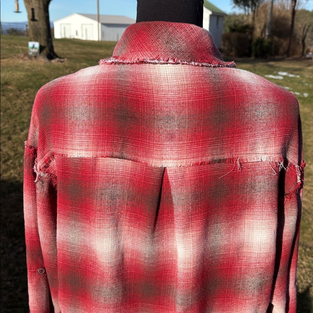 -POL Red Brown Bone Flannel Frayed Button Up Blouse Oversized Women’s Medium - Picture 11 of 13